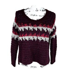 Free People Sweater Burgundy Oversized Chunky Knit Tattered Boho Womens XS